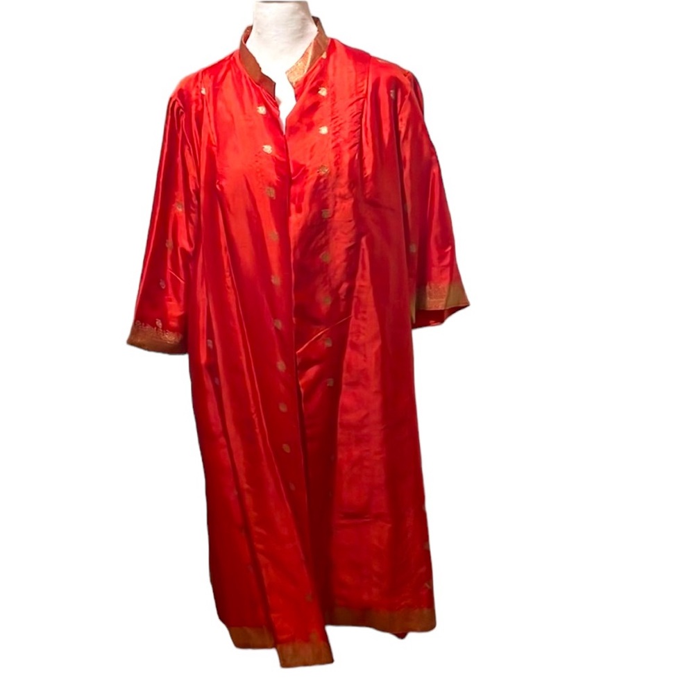 Orange with gold detailing long silk kimono style kaftan. VGUC. One Size.